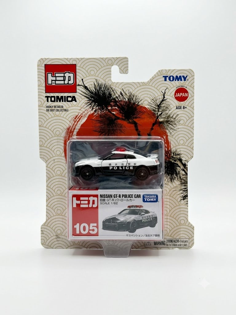 Tomica Nissan GT-R Police Car (#105) – 1:62 Scale Die-Cast Vehicle