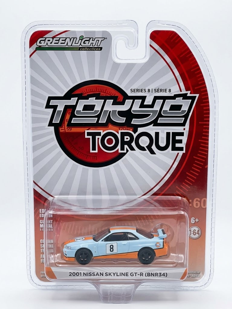 GreenLight Tokyo Torque 1:64 2001 Nissan Skyline GT-R (BNR34) Gulf Oil (Series 8)