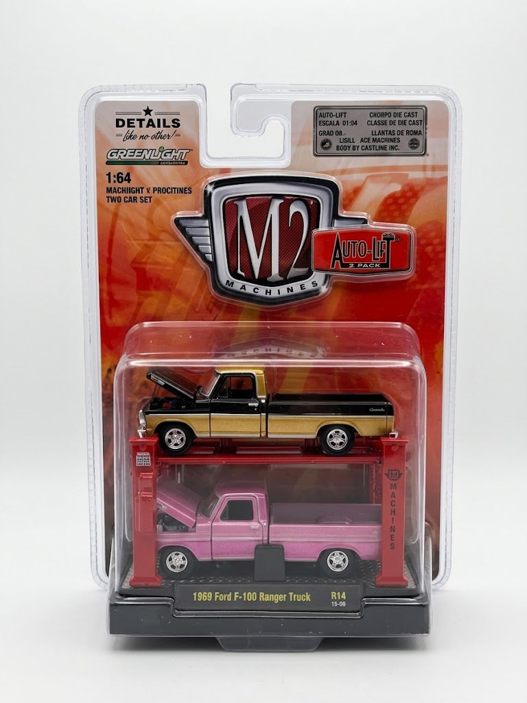 M2 Machines 1:64 Auto-Lifts 2-Car Set - 1969 Ford F-100 Ranger Truck (R14)