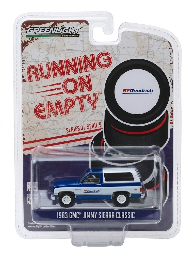 GreenLight Running on Empty 1983 GMC Jimmy Sierra Classic - BFGoodrich Blue & White (Series 9)
