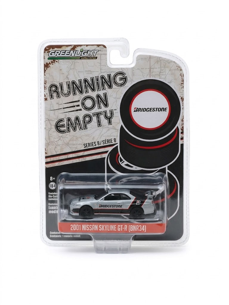 GreenLight Running on Empty 2001 Nissan Skyline GT-R (BNR34) - Bridgestone Silver & Black (Series 8)