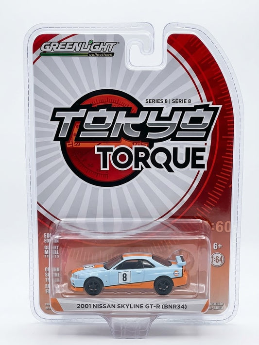 GreenLight Tokyo Torque 1:64 2001 Nissan Skyline GT-R (BNR34) Gulf Oil (Series 8)