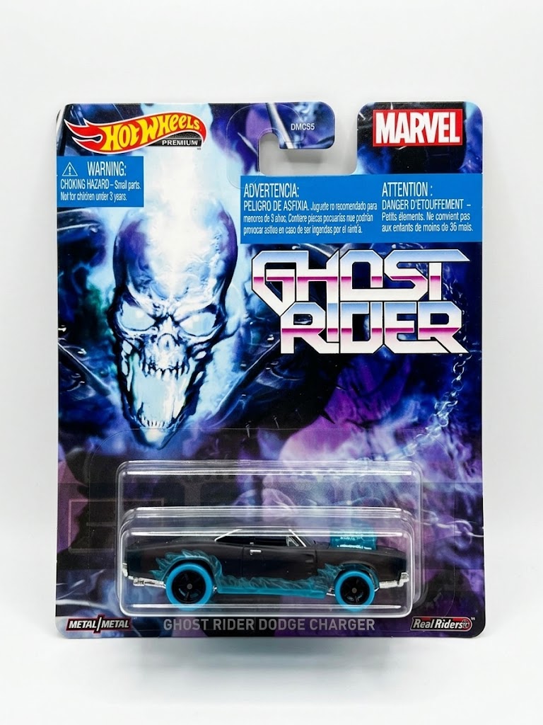 Hot Wheels Premium Ghost Rider Dodge Charger - Satin Black & Blue Flames (Real Riders)