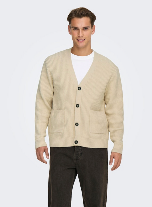 Only & Sons Beige Buttoned Knit Cardigan Sweater