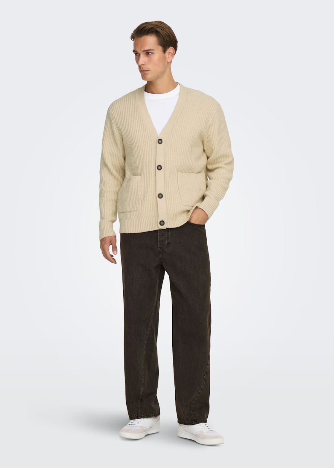 Only & Sons Beige Buttoned Knit Cardigan Sweater