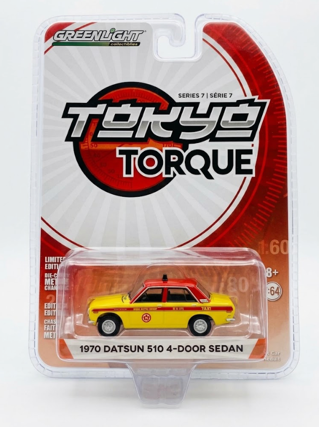GreenLight Tokyo Torque 1970 Datsun 510 4-Door Sedan - Nihon Kotsu Group Taxi (Series 7)