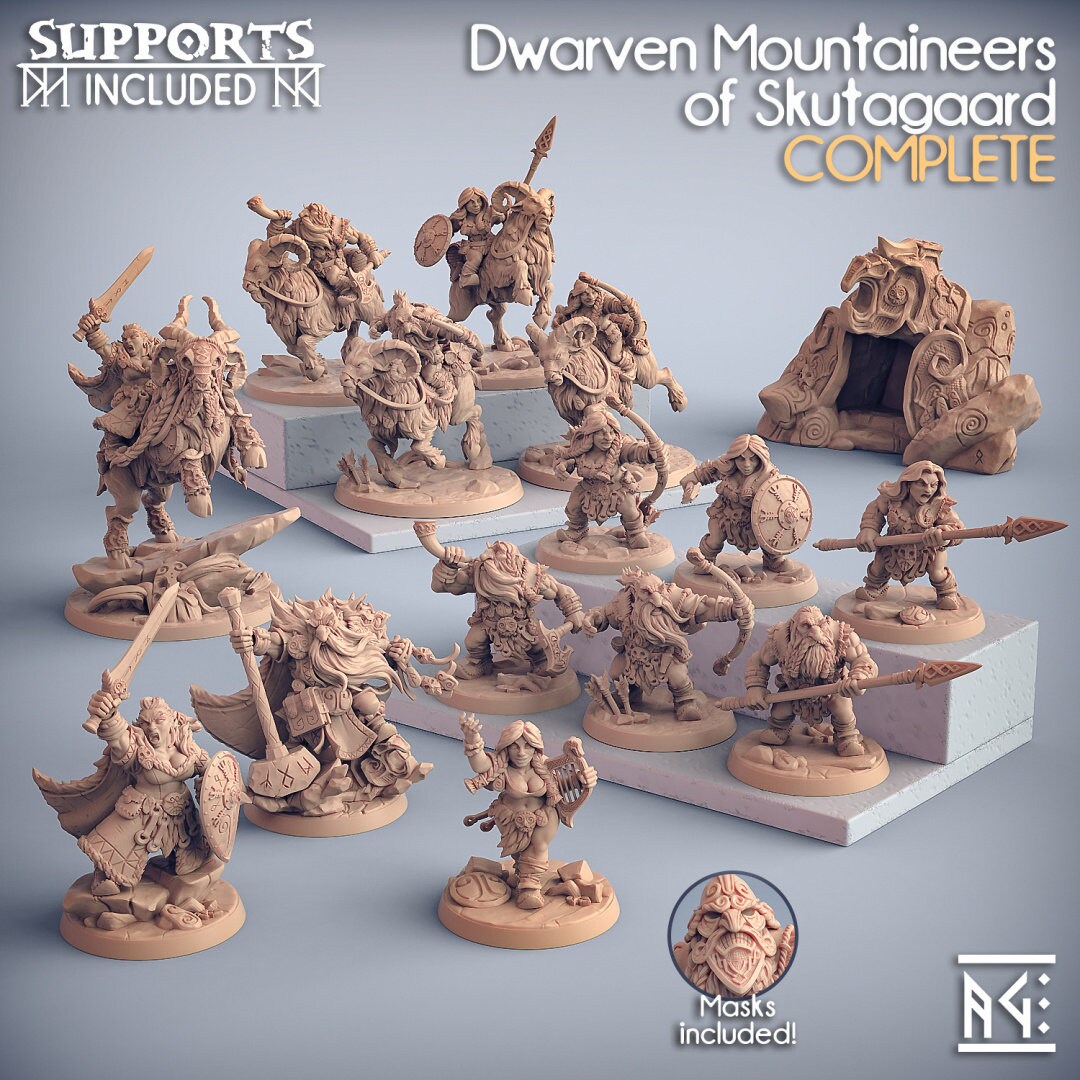 Dwarven Ram Riders - Artisans Guild | Dwarf | Male | Female | Mounted | Melee | Ranged | Fighter | Ranger | Fantasy | DnD | Pathfinder, 32mm