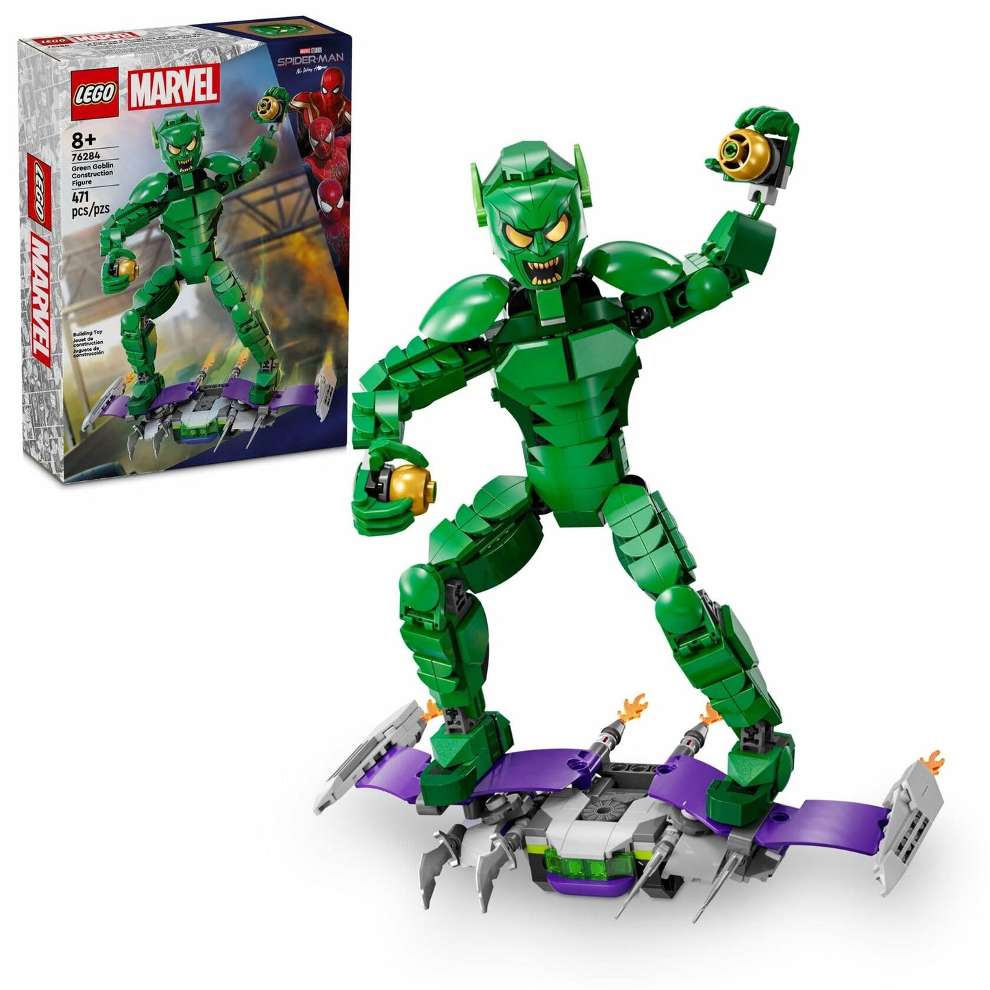 LEGO Marvel Green Goblin Construction Figure - Building Toy for Boys & Girls, Ages 8+ - Marvel Villain Action Figure W/Glider and Pumpkin Bombs - Gift for Fans - 76284